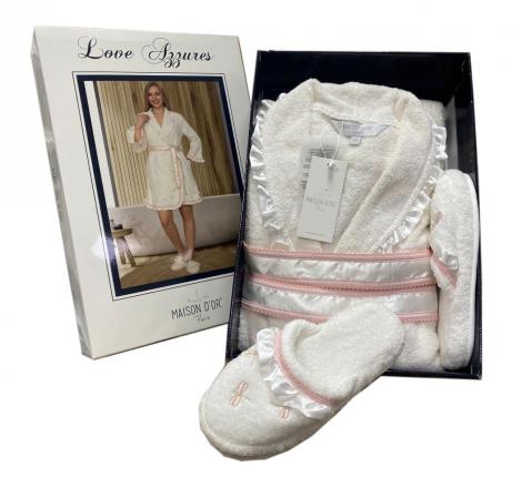 Халат женский махровый с тапочками Maison D'or "LOVE AZZURES" (кремовый), M(46)/L(48)