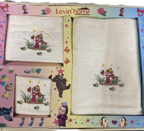 Набор бамбуковых полотенец "LOVIN HOME" Маша и медведь 3шт.(30*50, 50*90, 70*140), петух+рыба
