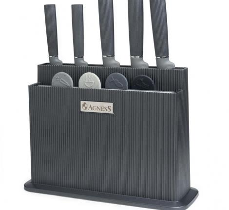 Набор кухонных ножей (5 шт.), 4 доски и подставка "AGNESS", чёрно-серый