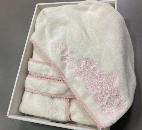 Халат женский махровый с капюшоном Maison D'or "VIGNETTA" (кремовый/пыльная роза), XL(50)-XXL(52)