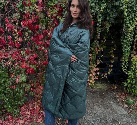 Дорожный плед-пончо пуховый "Travel Cape Plaid Grass" DARK GREEN, 130х170