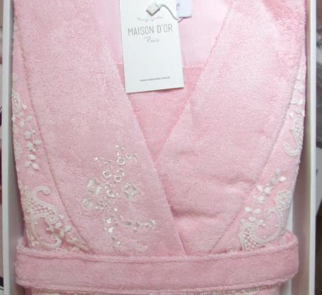 Халат женский махровый с кружевом Maison D'or "NERIA" (розовый), M(46)-L(48)