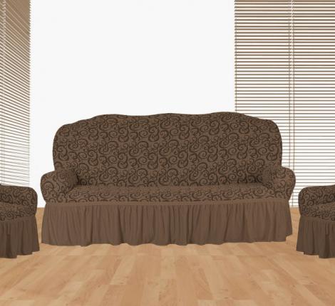 Комплект чехлов на 3-х местный диван и 2 кресла Karteks &quot;Классика&quot; с оборкой KAR 014-05, кофейный