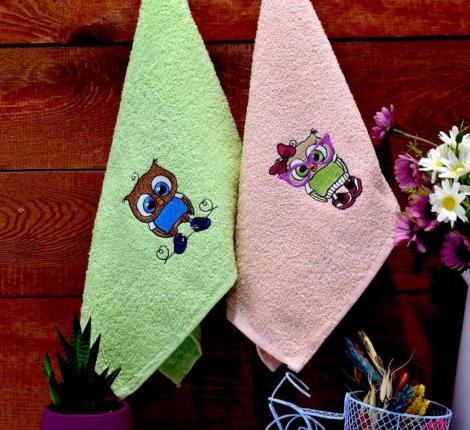 Набор махровых салфеток "СОВА" 30х50-2шт. (персик+зеленый)