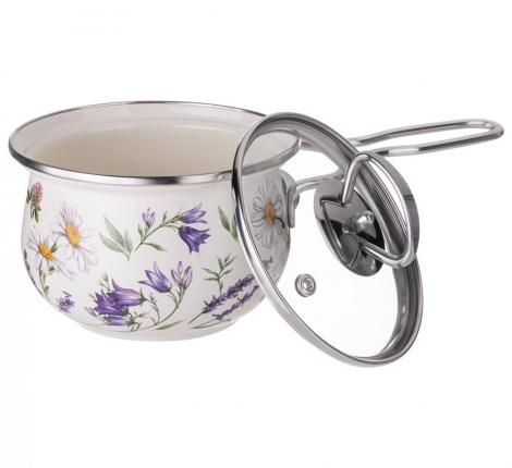 Ковш эмалированный со стеклянной крышкой "FLOWER STORY", 0,9 л