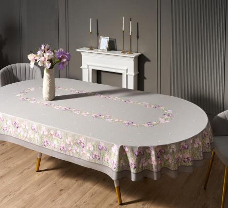 Скатерть овальная с пропиткой  "ИРИСЫ" 180х300 см, серый