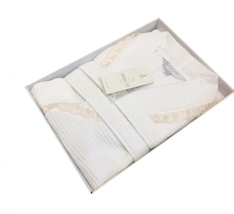 Халат женский вафельный с гипюром Maison D'or "EMMANUEL" (белый), XS(42)-S(44)