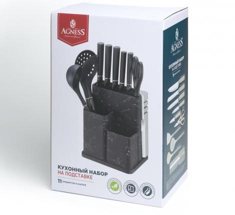 Набор кухонных ножей (5 шт.) и приборов "AGNESS", 11 предметов (мрамор/серый)