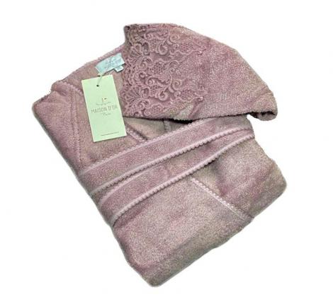 Халат женский махровый с кружевом Maison D'or "LISA" (фиолетовый), M(46)/L(48)