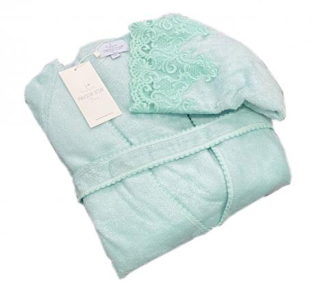 Халат женский махровый с кружевом Maison D'or "LISA" (бирюзовый)), M(46)/L(48)