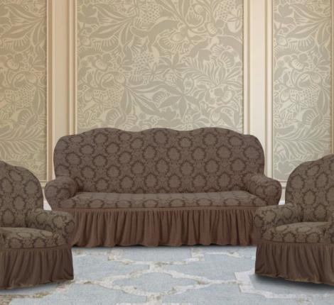 Комплект чехлов на 3-х местный диван и 2 кресла Karteks &quot;Классика&quot; с оборкой KAR 007-05, светло-коричневый