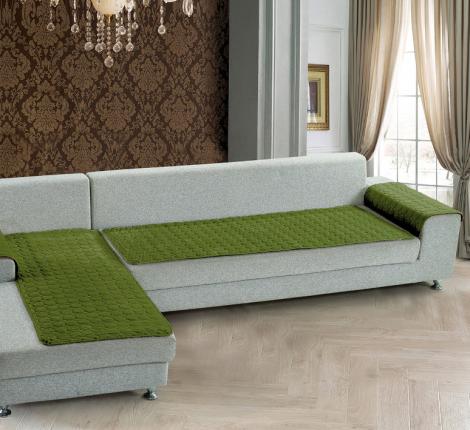 Комплект накидок &quot;Karteks&quot; на угловой диван с оттоманкой и подлокотниками Соты, зеленый