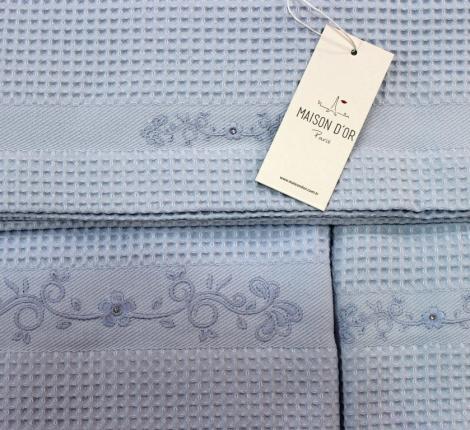 Комплект вафельных полотенец со стразами 40x60-60x110-110x160 Maison D'or &quot;BRISE APE&quot;, голубой
