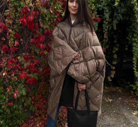 Дорожный плед-пончо пуховый "Travel Cape Plaid Grass" BEIGE, 130х170