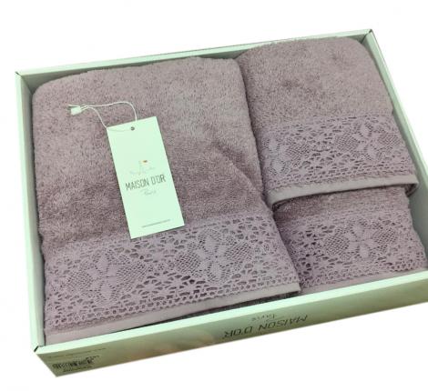 Комплект полотенец с кружевом 30x50-50x90-70x140 Maison D'or &quot;Natural&quot; фиолетовый