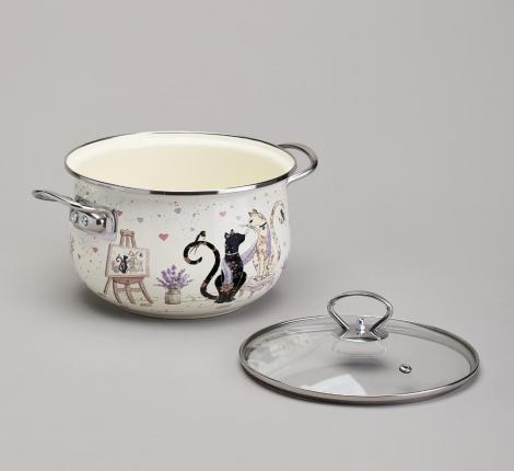 Кастрюля эмалированная со стеклянной крышкой "LAVANDER CATS", 3,8 л