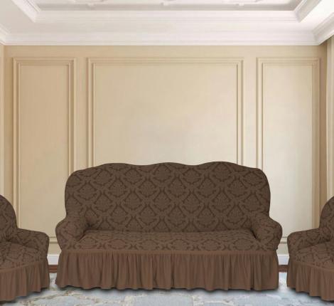 Комплект чехлов на 3-х местный диван и 2 кресла Karteks &quot;Классика&quot; с оборкой KAR 012-05, кофейный