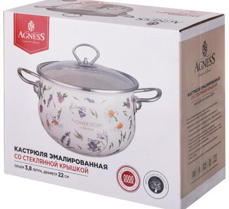 Кастрюля эмалированная со стеклянной крышкой "FLOWER STORY", 3,8 л