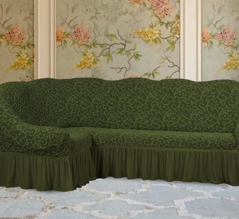Чехол на 3-х местный угловой диван Karteks &quot;Классика&quot; с оборкой KAR 009-09, зелёный