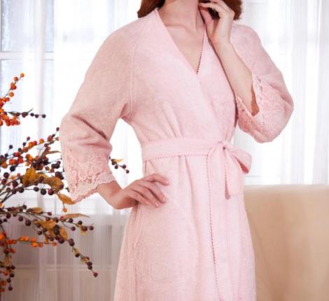 Халат женский махровый с кружевом Maison D'or "LISA" (бирюзовый)), M(46)/L(48)