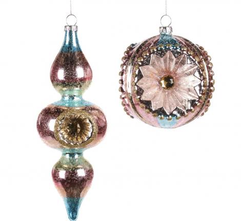 Набор стеклянных шаров на ёлку 2 шт. "GOODWILL" (розово-голубой с золотом), длина 20,5 см