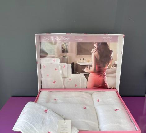 Комплект махровых полотенец  30x50-50x100-85x150 Maison D'or "REVE DE PAPILLON", белый/розовый