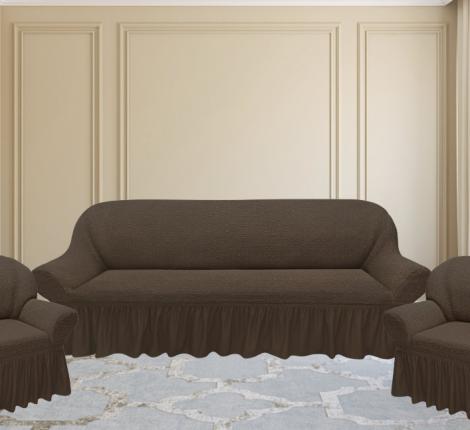 Комплект чехлов на 3-х местный диван и 2 кресла Karteks &quot;Классика&quot; с оборкой KAR 018-07, шоколадный