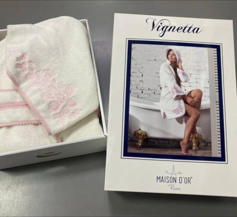 Халат женский махровый с капюшоном Maison D'or "VIGNETTA" (кремовый/пыльная роза), M(46)/L(48)