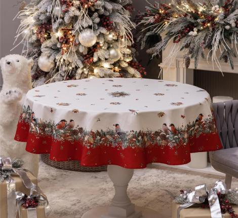 Скатерть круглая с пропиткой SANTALINO "МОРОЗКО.СНЕГИРИ" 150 см, красный