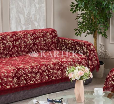 Покрывало шпигель люкс "Karteks" на диван 180х220  ЦВЕТЫ, бордовый