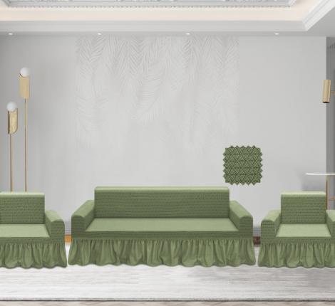 Комплект чехлов на 3-х местный диван и 2 кресла Karteks &quot;Классика&quot; с оборкой Asmina-04, зелёный