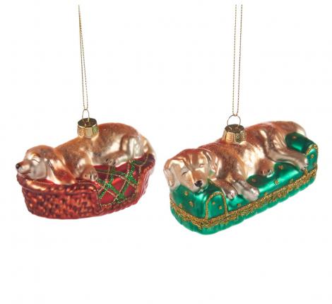Ёлочная игрушка 2 шт. "СПЯЩИЕ СОБАЧКИ" (красные с зеленым) длина 10,5 см