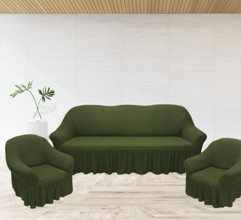 Комплект чехлов на 3-х местный диван и 2 кресла Karteks &quot;Классика&quot; с оборкой KAR 004-04, зелёный