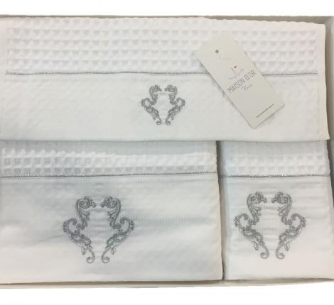 Комплект вафельных полотенец с вышивкой 30х50-50x100-85x150 Maison D'or &quot;BRISE APONE&quot; кремовый
