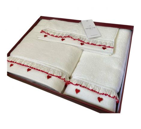 Комплект махровых полотенец 30x50-50x100-85x150 Maison D'or "RUFFLE LOVE", кремовый/красный
