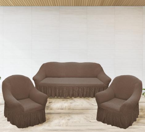 Комплект чехлов на 3-х местный диван и 2 кресла Karteks &quot;Классика&quot; с оборкой Aras-01, тёмно-коричневый