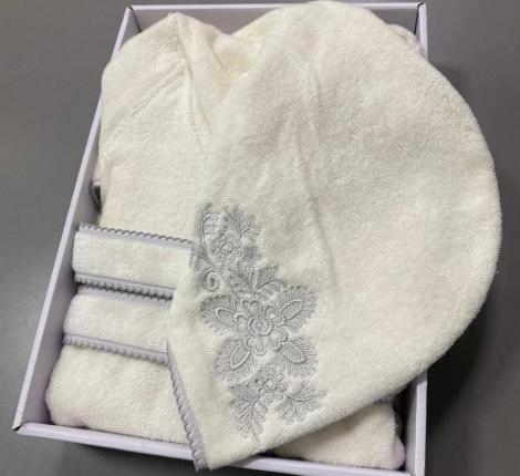 Халат женский махровый с капюшоном Maison D'or "VIGNETTA" (кремовый/серый), M(46)/L(48)