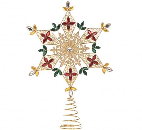 Верхушка "ЗВЕЗДА-СНЕЖИНКА "золотая с красным 38 см