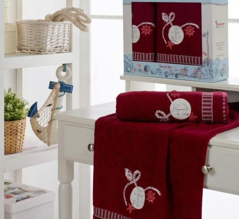 Комплект махровых полотенец "MERZUKA" (50x90/1)(70х140/1) 2 шт. JUANNA, бордовый