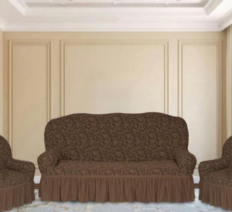 Комплект чехлов на 3-х местный диван и 2 кресла Karteks &quot;Классика&quot;  с оборкой KAR 013-05, светло-коричневый