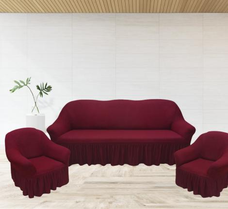 Комплект чехлов на 3-х местный диван и 2 кресла Karteks &quot;Классика&quot; с оборкой KAR 004-05, бордовый