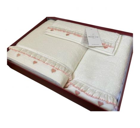Комплект махровых полотенец 30x50-50x100-85x150 Maison D'or "RUFFLE LOVE", кремовый/пыльная роза