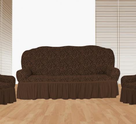 Комплект чехлов на 3-х местный диван и 2 кресла Karteks &quot;Классика&quot; с оборкой KAR 014-07, шоколад
