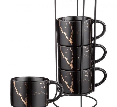 Набор кружек на металлической подставке 4 штуки "FANTASY", 300 мл (чёрный)