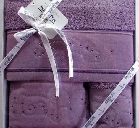 Комплект полотенец со стразами 32x50-50x100-70x140 Maison D'or &quot;DALIY&quot; фиолетовый