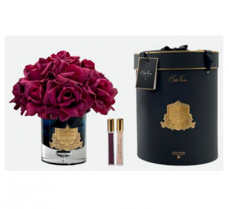 Большой букет роз ароматизированный "COTE NOIRE" (красный) чёрная ваза, 2 спрея по 10 мл