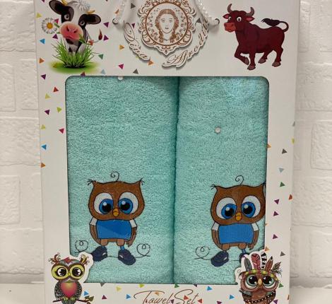 Набор махровых полотенец &quot;СОВА&quot; ( 50х90+70х140), бирюза