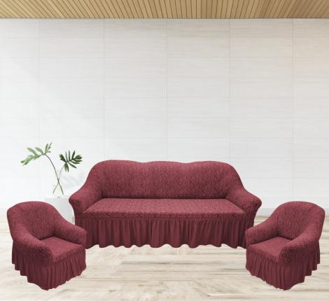 Комплект чехлов на 3-х местный диван и 2 кресла Karteks &quot;Классика&quot; с оборкой Venzel-05. бордовый