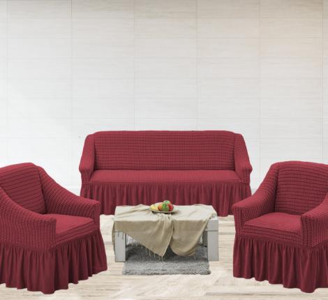 Комплект чехлов на 3-х местный диван и 2 кресла Karteks &quot;Классика&quot; с оборкой КЛЕТКА, бордовый