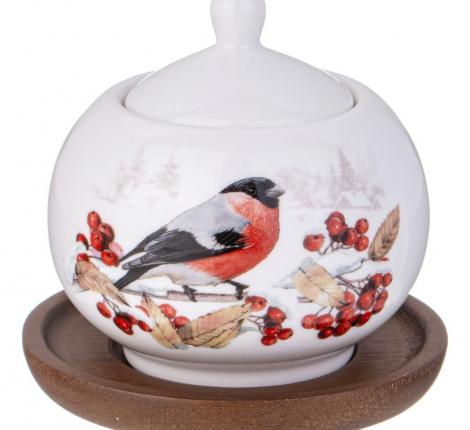 Сахарница на деревянной подставке "ЛЕСНАЯ СКАЗКА" СНЕГИРИ, 380 мл